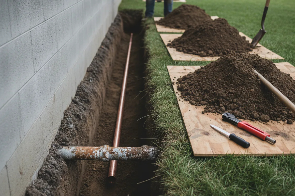 Excavated water line trench during Water Softener Installation in Orient